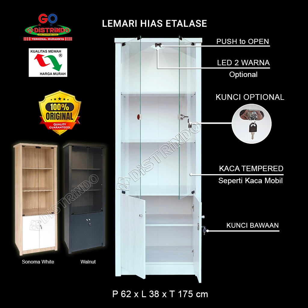 Distrindo - Lemari Hias Etalase Pintu KACA, Lemari BAWAH + KUNCI Cocok untuk Tas Kosmetik Boneka