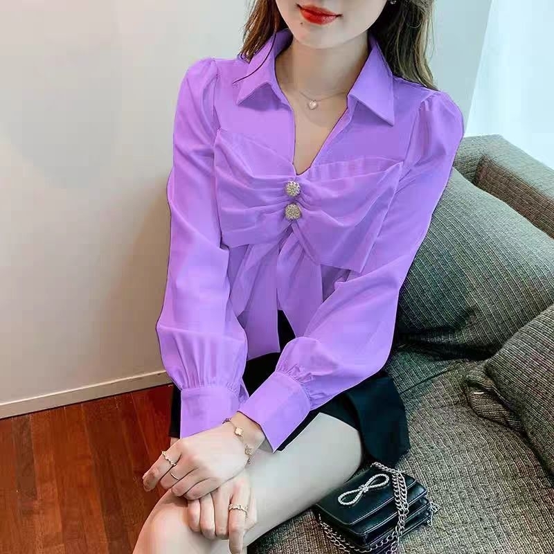 blouse pita ungu lilac baju berkerah wanita korea lucu pastel manis kemeja lengan panjang