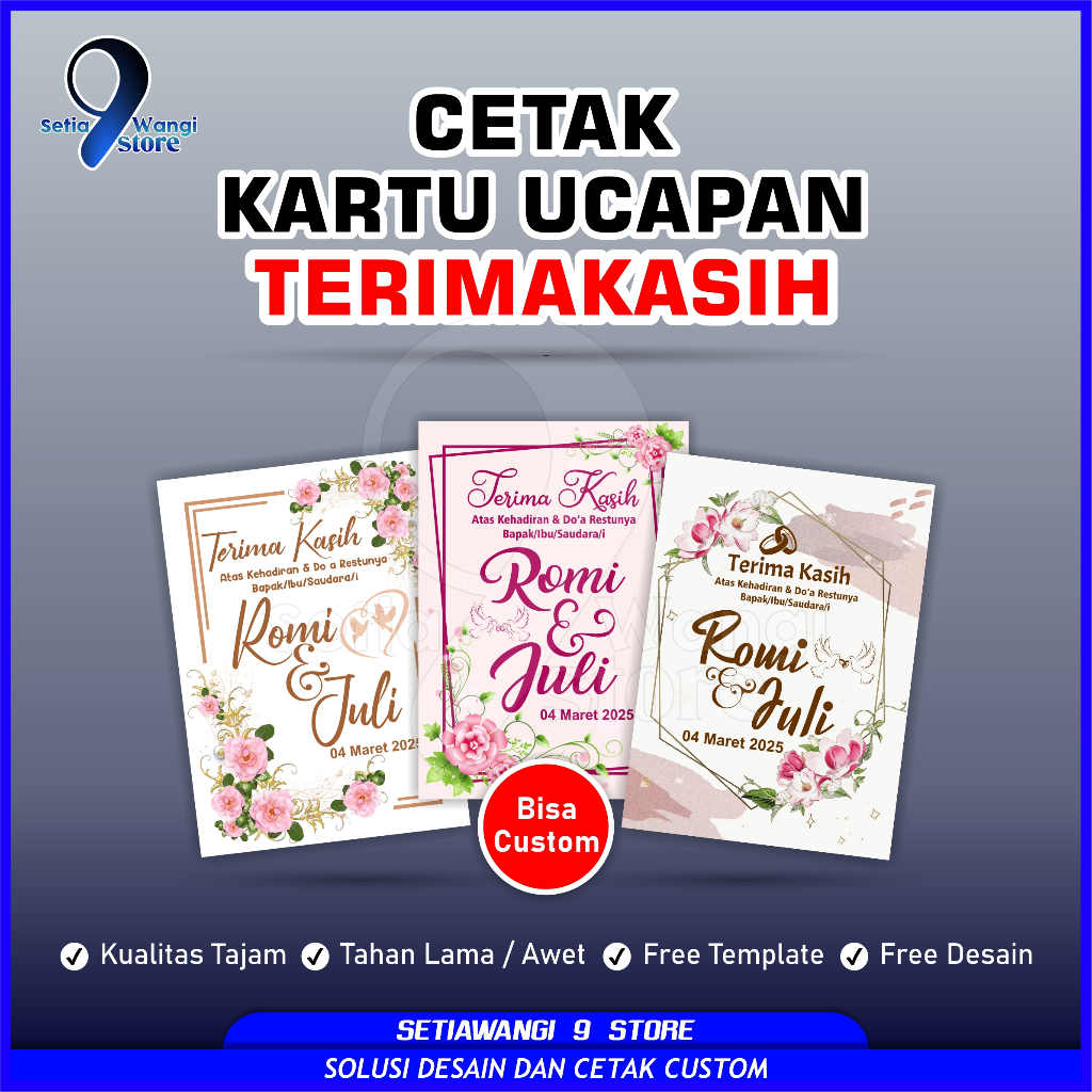 Kartu Ucapan Terimakasih Pernikahan Souvenir Custom ukuran 5x7cm