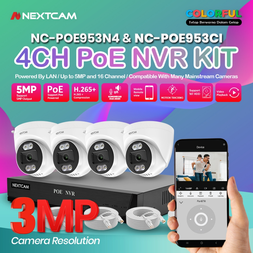 Nextcam paket kamera cctv poe 4 camera indoor+ nvr 4channel 5mp Komplit kabel lan cctv colok langsun