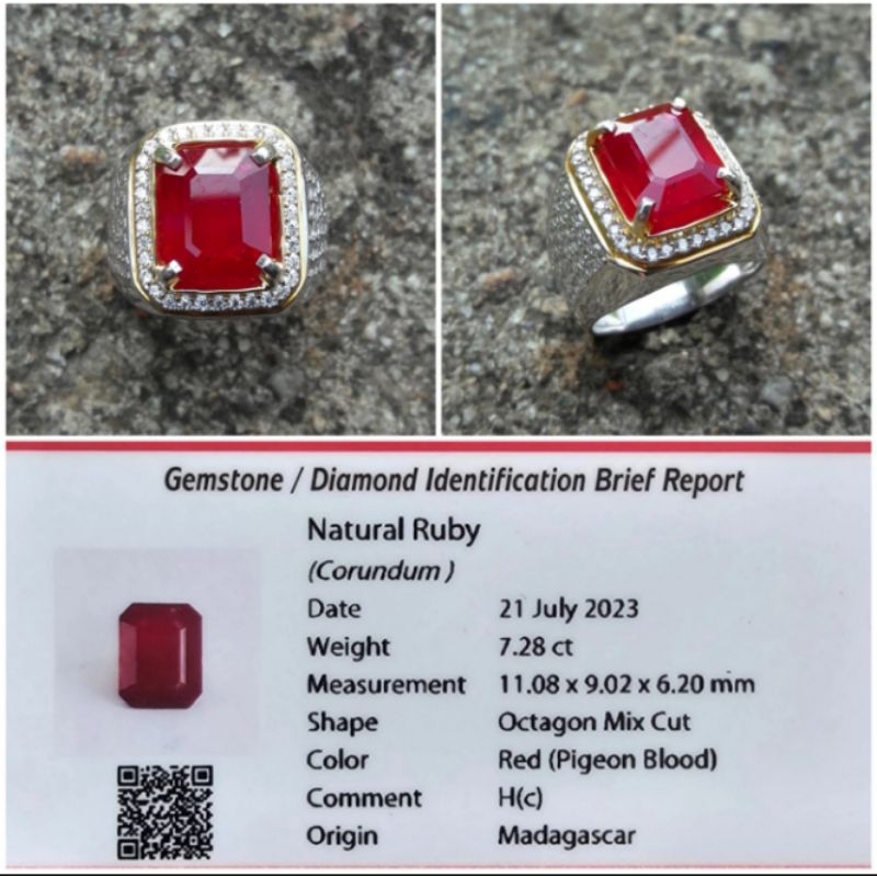 Cincin Permata Batu Natural Ruby Pigeon Blood Ring Perak Memo