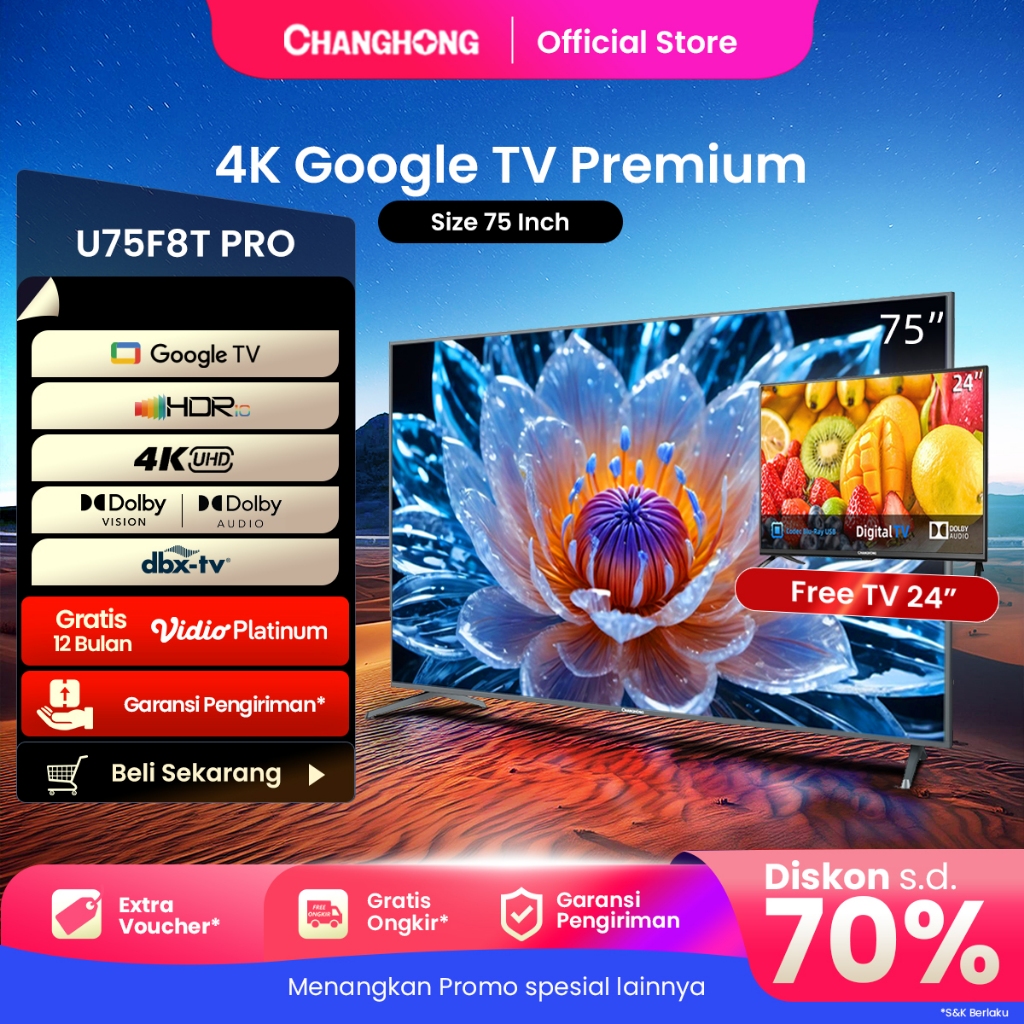 【Beli TV Gratis TV】Google TV Changhong 75 Inch 4K  UHD Smart Digital LED TV-Google Assistant-UHD-Wif