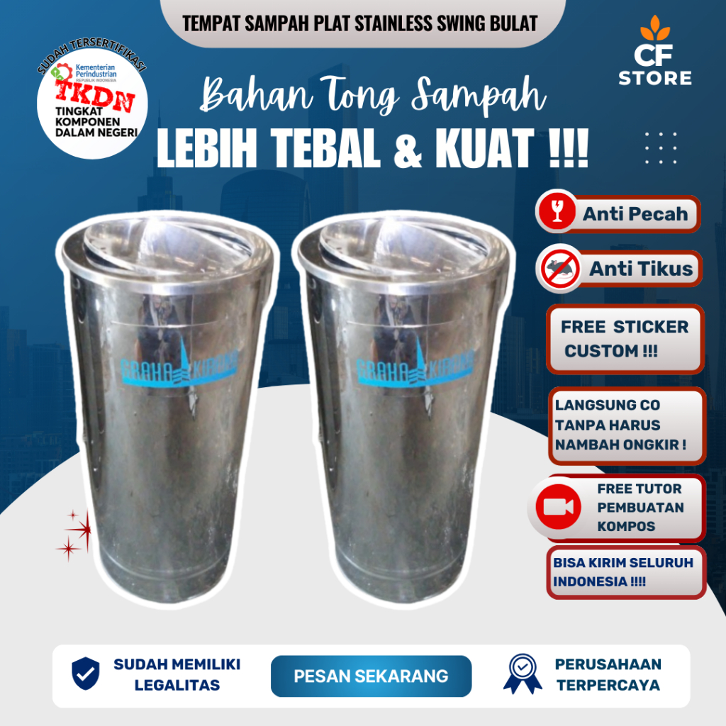 TONG TEMPAT SAMPAH STAINLESS BULAT TUTUP SWING, TEMPAT SAMPAH STAINLESS ASBAK BULAT SWING