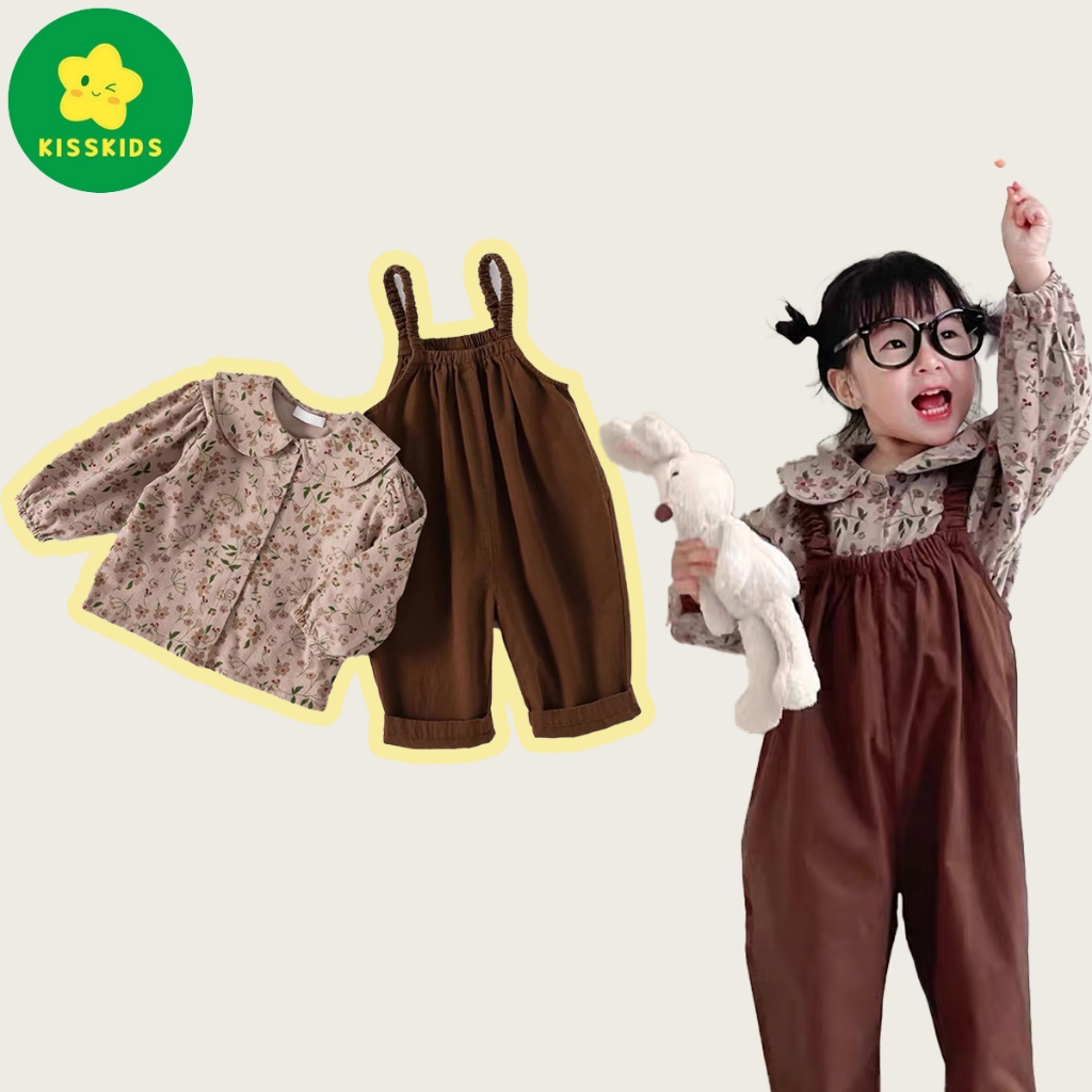 KissKids Terbaru Setelan Anak Perempuan Kemeja Motif Bunga+Celana Panjang Overall Setelan Mains Anak