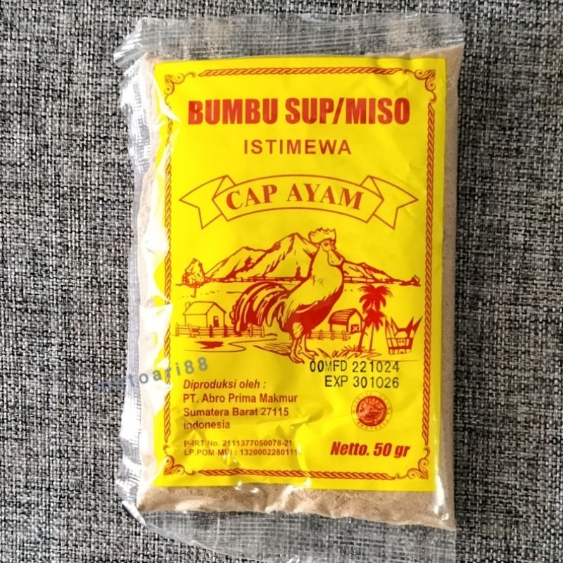 

BUMBU SUP/ MISO Cap Ayam ABRO Sumbar 50gr
