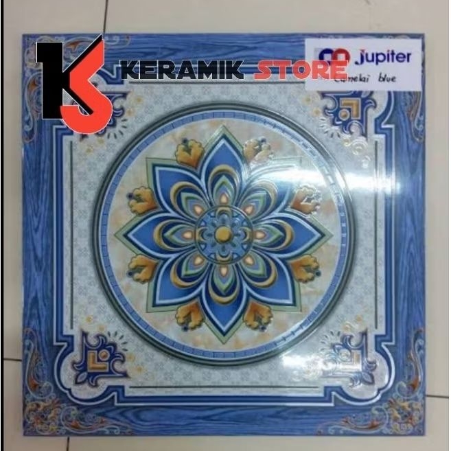 Keramik Lantai 40x40 Glossy Biru Motif Kembang Bunga Jupiter Camelai Blue