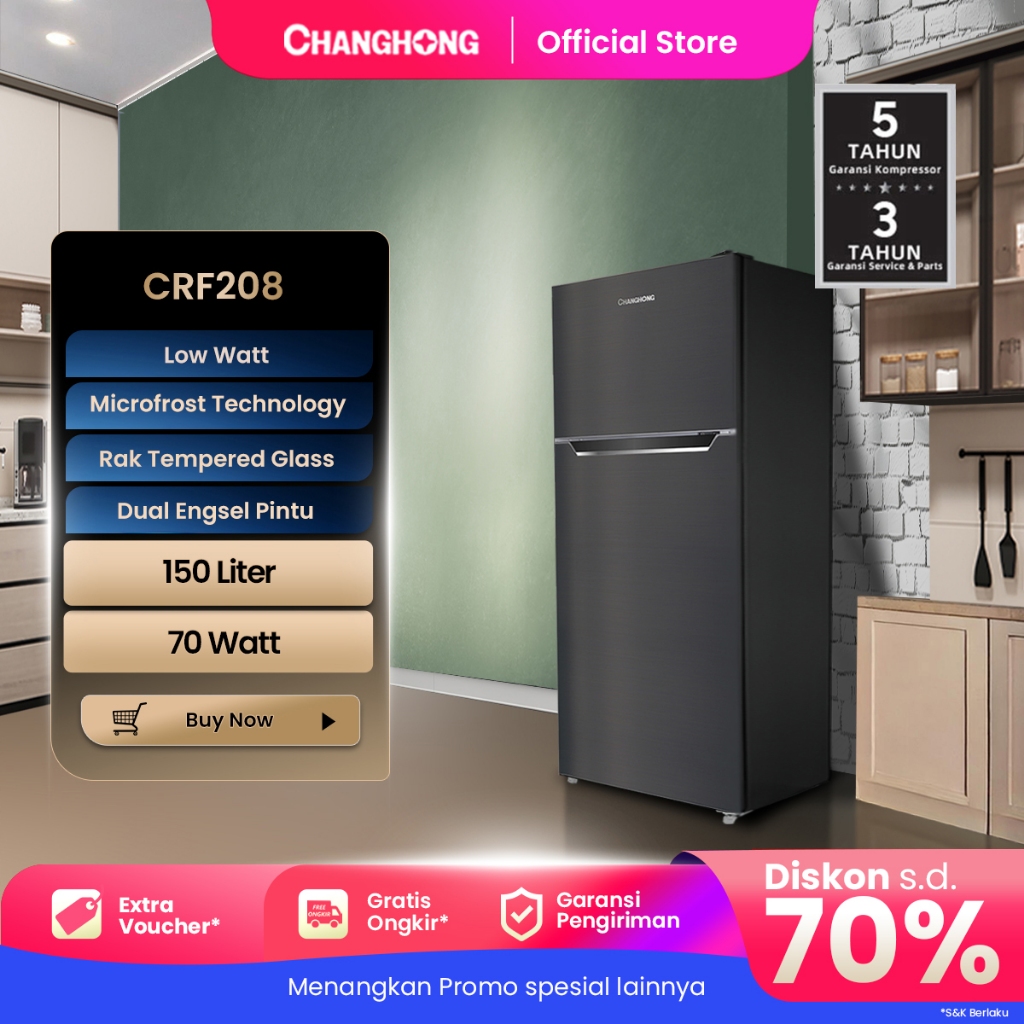 Changhong Kulkas 2 Pintu (Refrigerator)  Lemari Es Kapasitas 150 Liter CRF208 - Black (Semi Auto Def