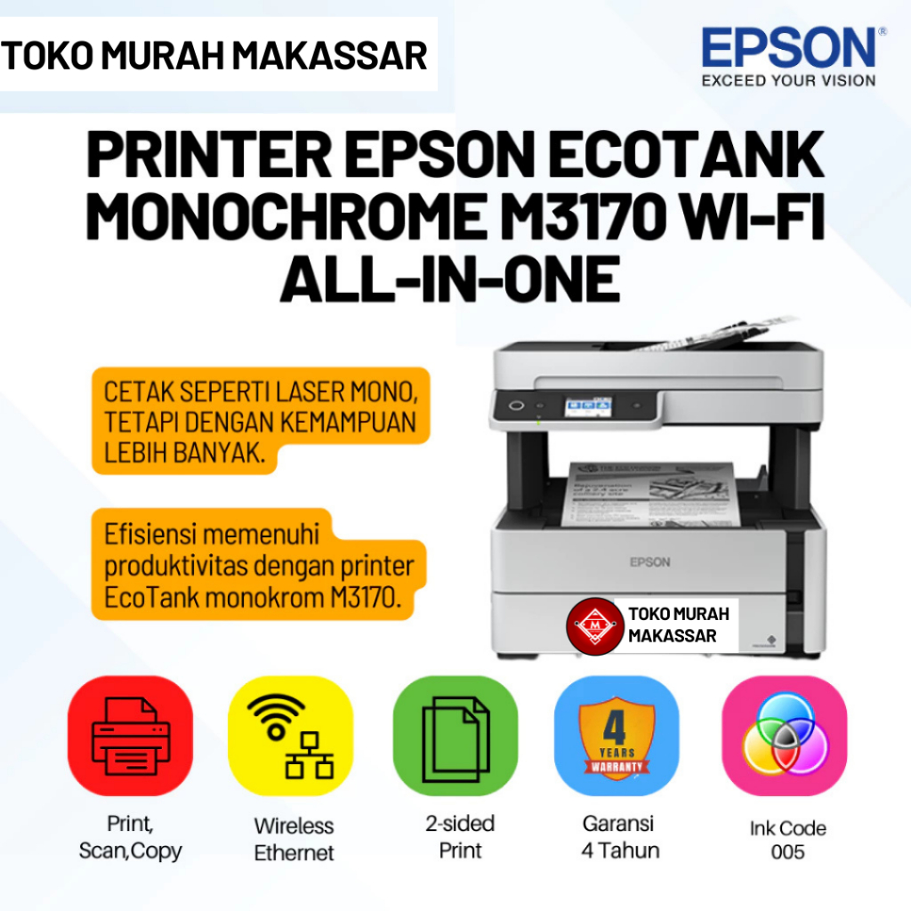EPSON PRINTER M3170 / PRINTER EPSON M3170 MONOCHROME WIFI ALL IN ONE M-3170 EPSON/ PRI29-EPS