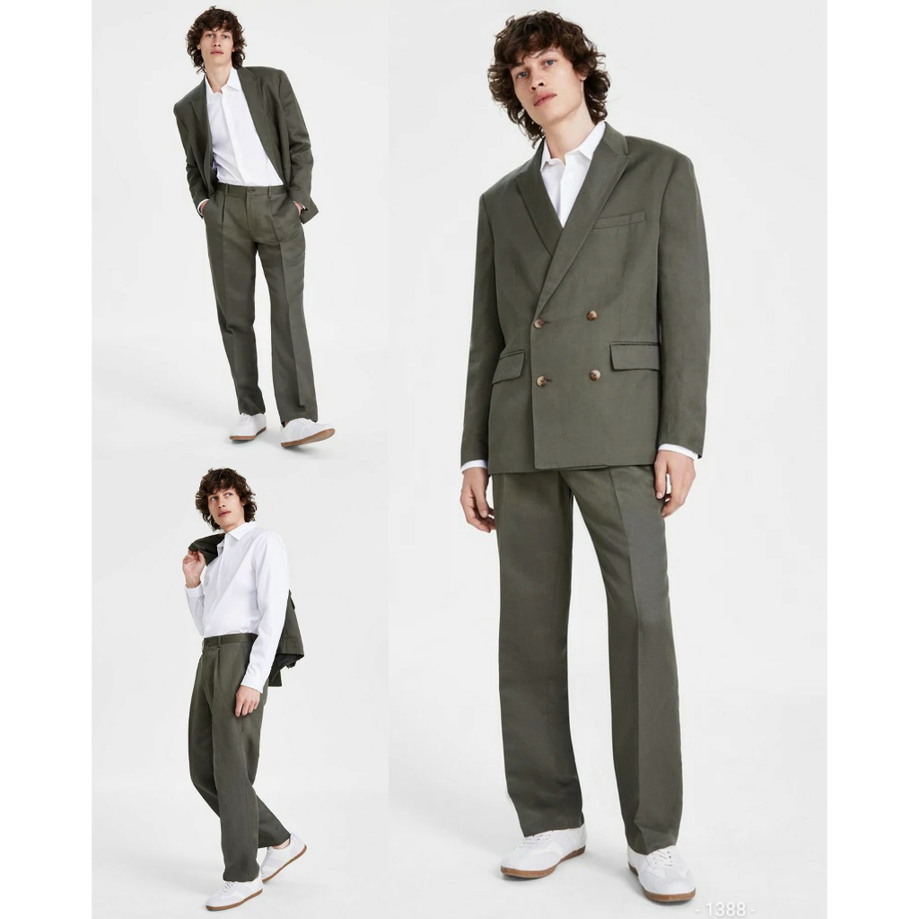 Setelan Jas Linen Pria Double-Breasted Blazer dan Celana Panjang Bahan Linen Tencel
