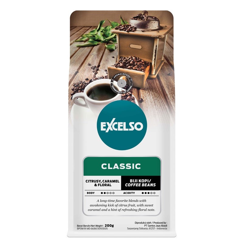 

EXCELSO Classic Biji Kopi 200 gr with awakening kick of citrus fruit, with sweet caramel and a hint of refreshing floral note