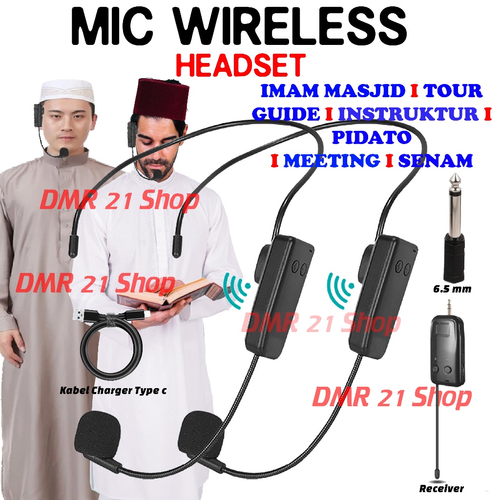 Microphone Mic Clip On Wireless Imam Masjid Bando UHF 2.4G Mikrofon Telinga Jepit Presentasi Tur Mus