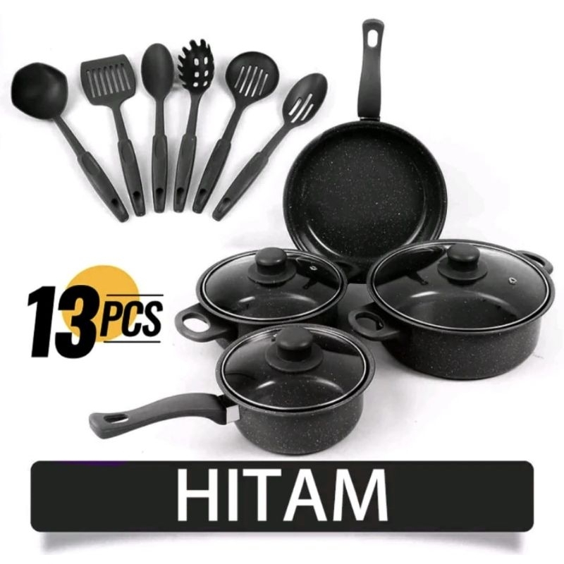 Panci Set Serbaguna Teflon Marble 13 Pcs Cookware Set Tutup Kaca