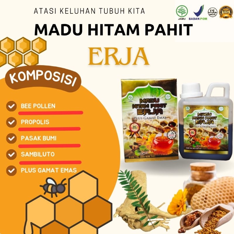 MADU HITAM PAHIT ERJA + GAMAT EMAS KEMASAN 500.ml (Diabetes, Jantung, Asam Lambung)