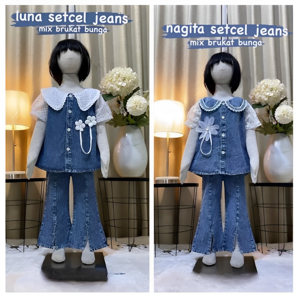 Setelan Jeans Mix Brukat Bunga Anak Perempuan Usia 3-12 Tahun | Fashion Trendy Anak Cewek Baju Kemej
