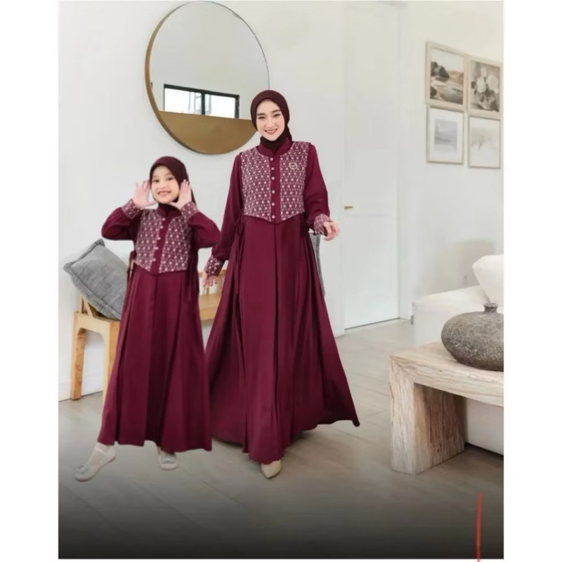SHABIRA DRESS GAMIS COUPLE IBU ANAK PEREMPUAN CERUTY MIX BRUKAT MOM AND KIDS BAJU COUPLE LEBARAN 202