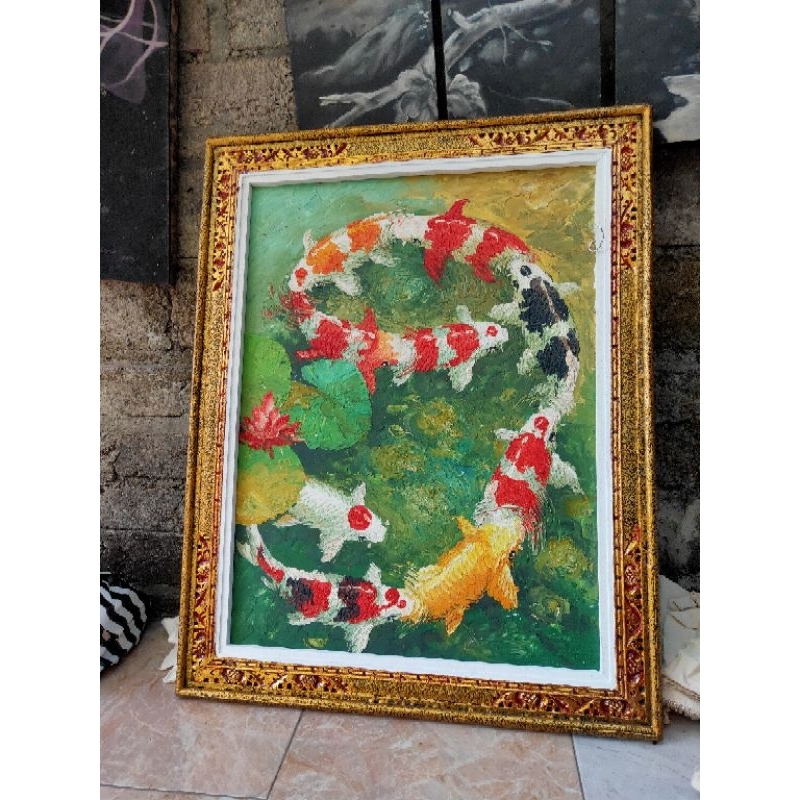 lukisan ikan koi palet dengan bingkai Bali