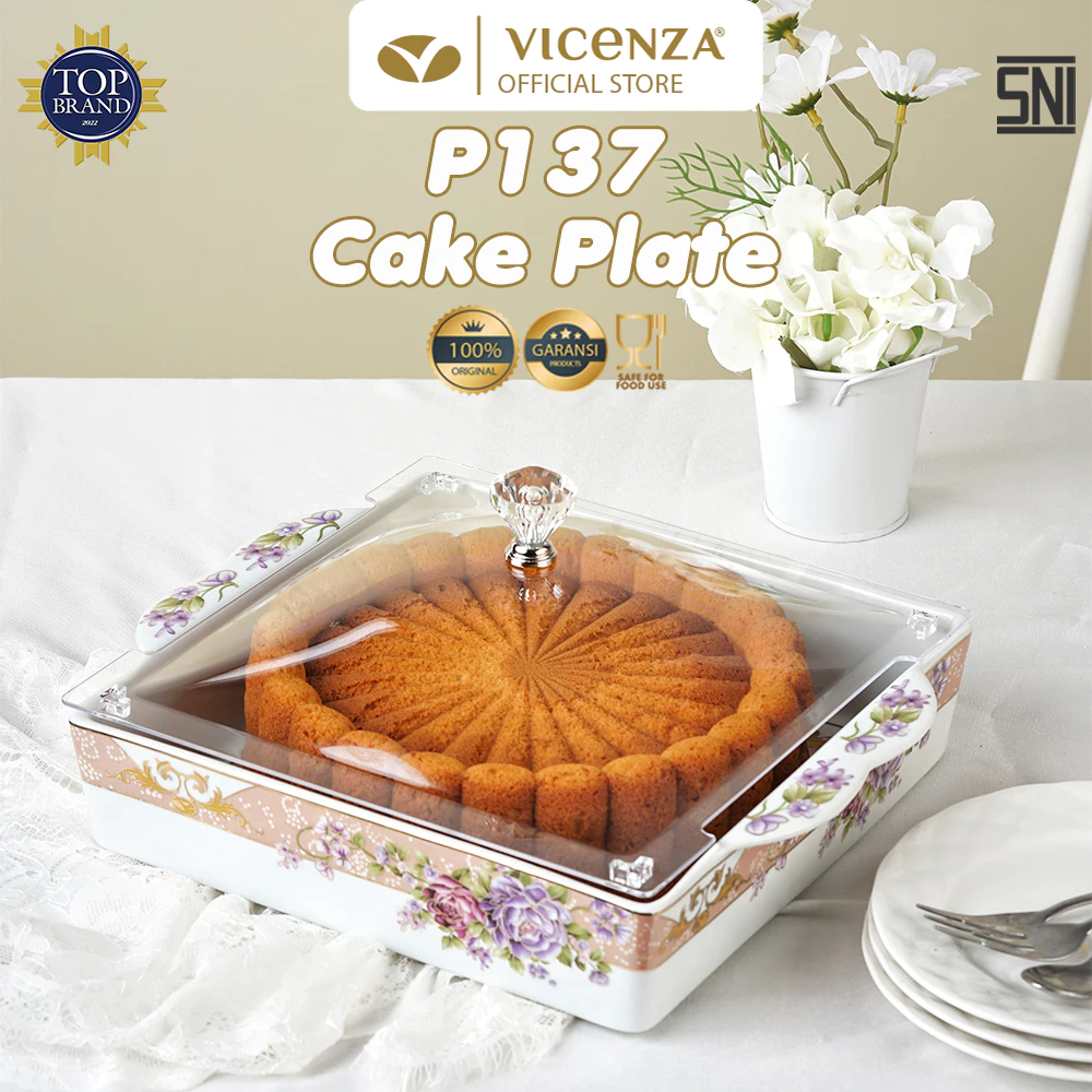 VICENZA Wadah Saji / Tempat Kue/ Tempat Roti P137/ P 137  Square Cake Plate Keramik Motif Dengan Tut