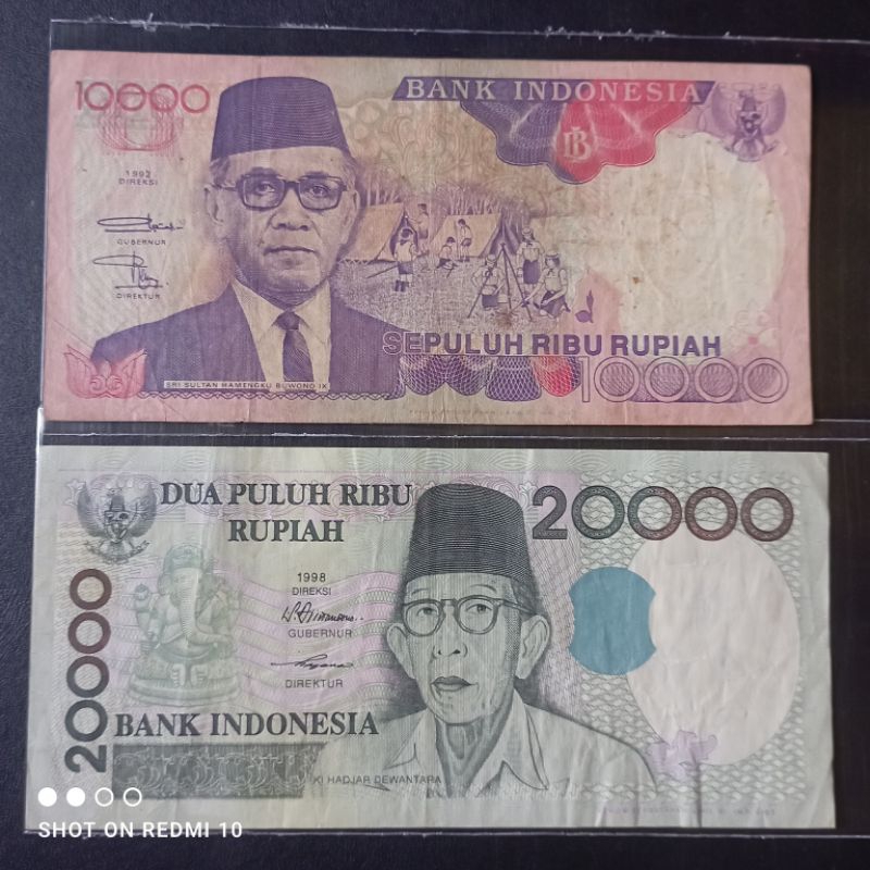 paket 2 lembar uang kertas indonesia 10000+20000 bekas asli