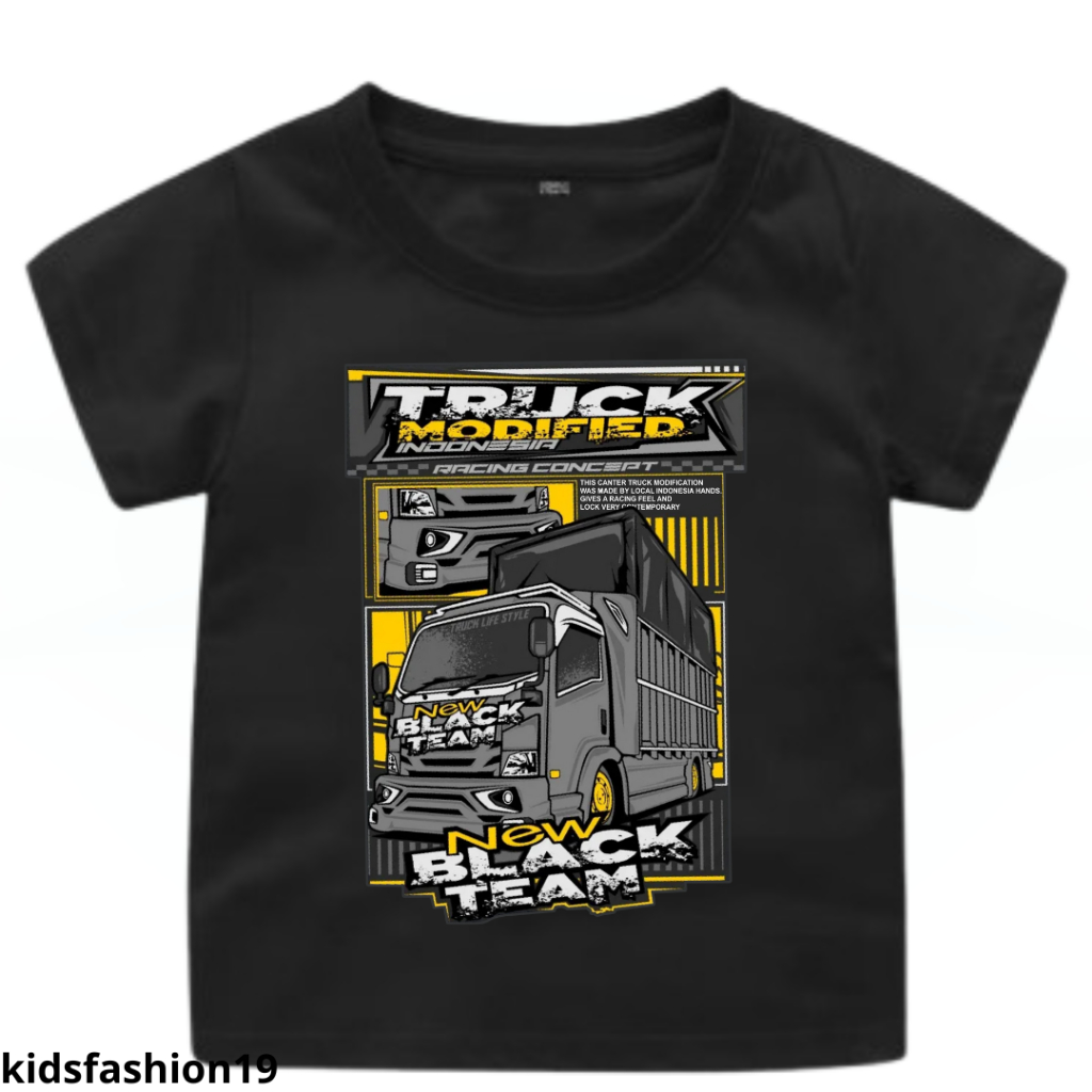 Kaos Anak Truck New Black Team Ideal Usia 2-16Tahun Kaos Unisex Cowok Cewek Kaos Oblong Anak