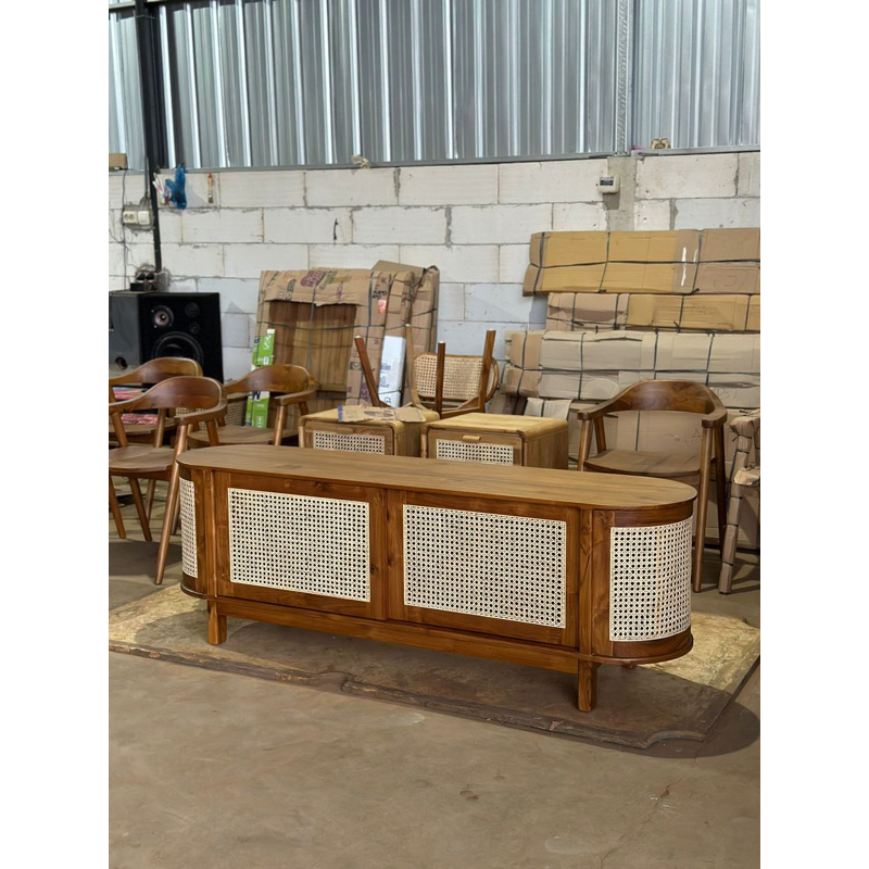 Buffet Jati Rotan Oval Minimalis - Meja TV Rotan Scandinavian Jati - Buffet TV Jati Rotan
