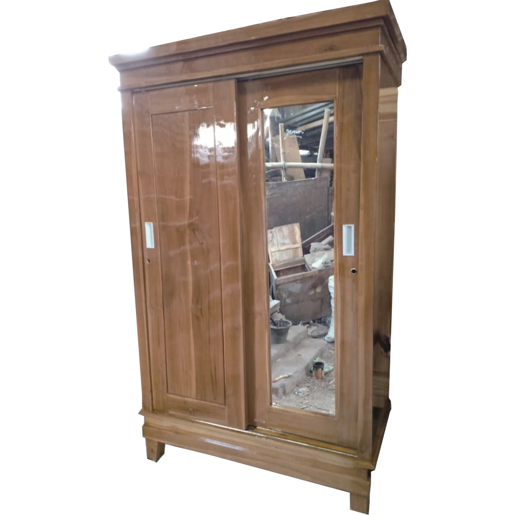 LEMARI PAKAIAN JATI 2 PINTU SLIDING + KACA