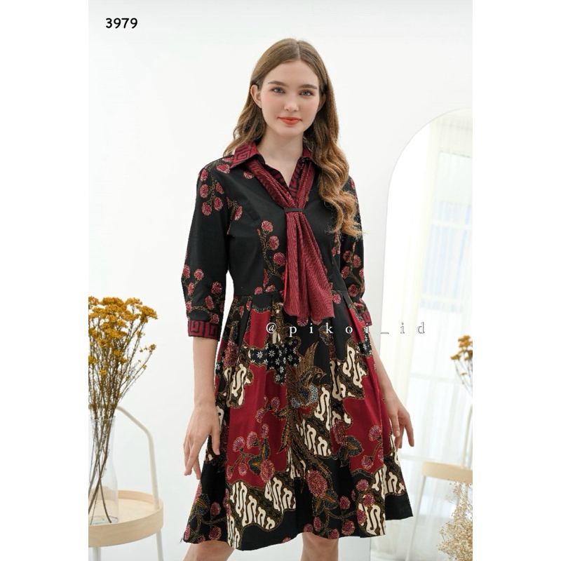 Dress syal batik wanita lengan 3/4 / dress batik kekinian model anak muda / midi dress batik merah h