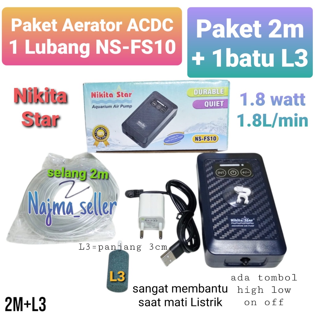 NAJMASELLER || Paket aerator ACDC 1 Lubang NS FS10. nikita star. Berguna saat mati Listrik. Aerator 