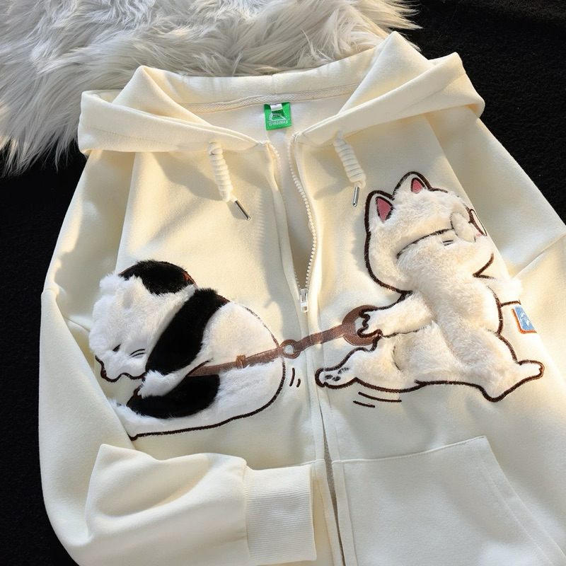 Cat Playful Jacket | MILKTEAS | Jaket Hoodie Lucu Bordir Kucing Korean Japanese Style Kawaii Y2K Jak