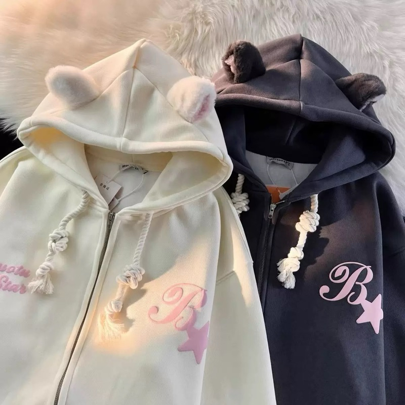 Milkteas Blou Bear Jacket Jaket Hoodie Tebal Y2K Aesthetic Jaket Telinga Karakter Coquette Beige Hit