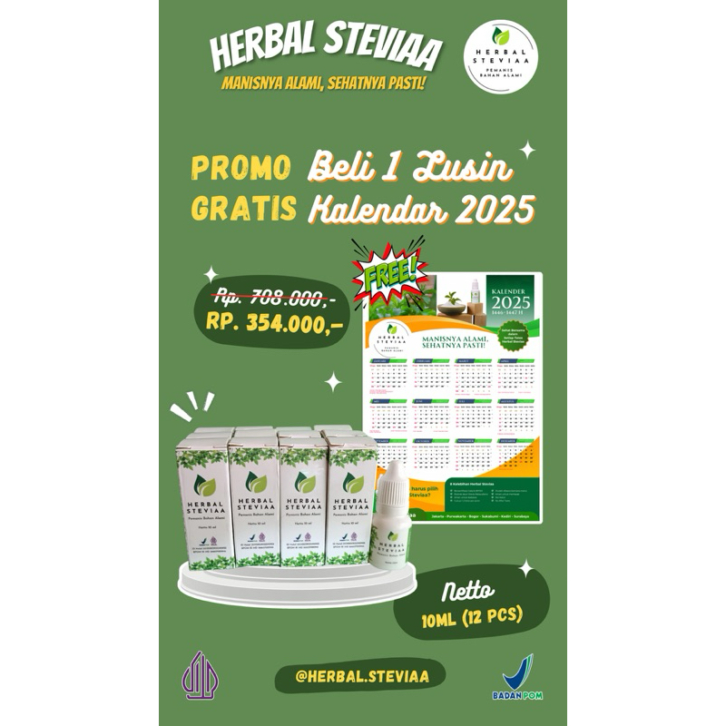 

Promo Beli 1 Lusin Gratis Kalender 2025 - Herbal Stevia Pemanis Alami - Herbal Steviaa 10ml (12pcs) Premium Quality