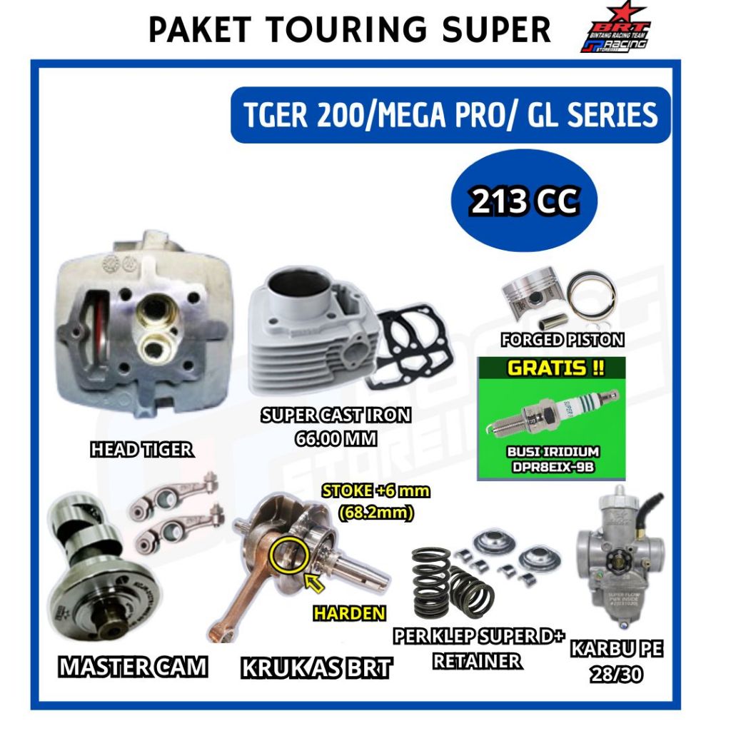 Paket Bore Up Tiger 200/Mega Pro Primus/GL-Head-Blok Piston-Cam-Kruk As-Karbu-BRT Paket Touring 9