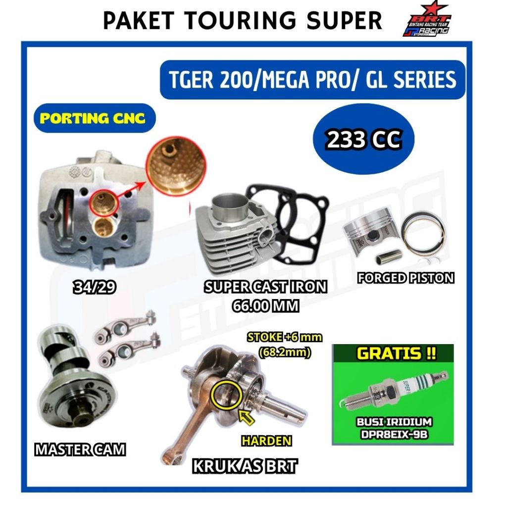 Paket Bore Up Tiger 200/Mega Pro Primus/GL-Head Porting-Blok Piston-Cam-Kruk As-BRT Paket Touring 4