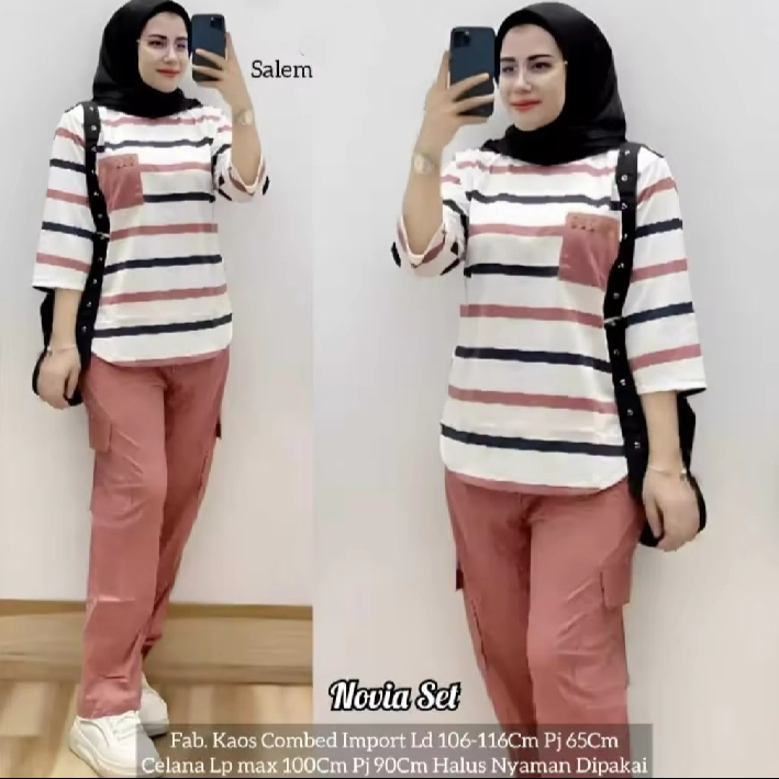 Setelan Baju dan Celana Garis-Garis Lengan Panjang Wanita Motif Terbaru dress Kekinian Rajut Crinkle