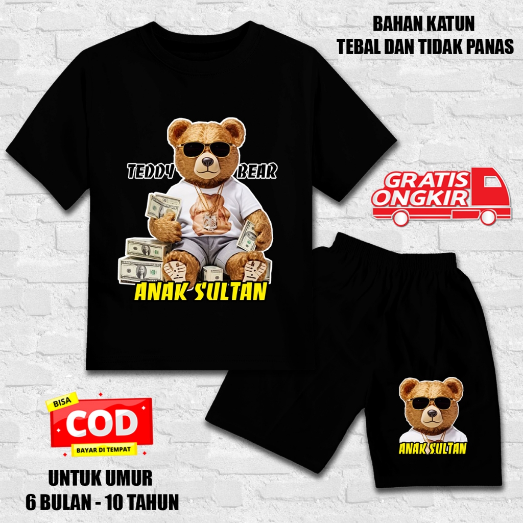 Setelan lengan pendek anak laki laki perempuan set kaos anak katun dtf beruang anak sultan