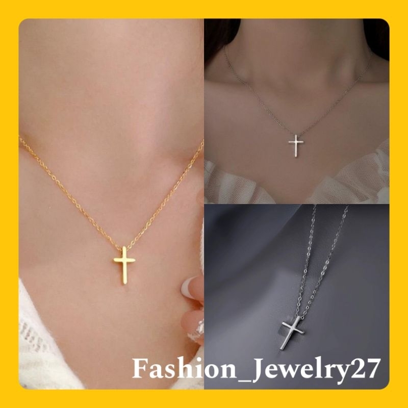 New Kalung Salib Wanita Titanium Warna Gold & Silver Motif Polos Import
