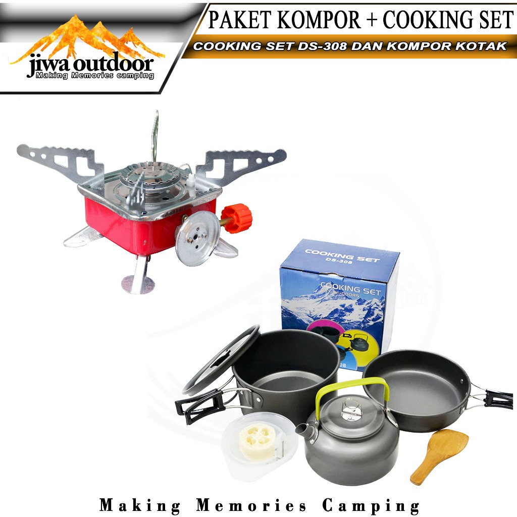 paketan cooking set ds-308 + kompor kotak portable camping paket hemat nesting ds308 dan kompor k202