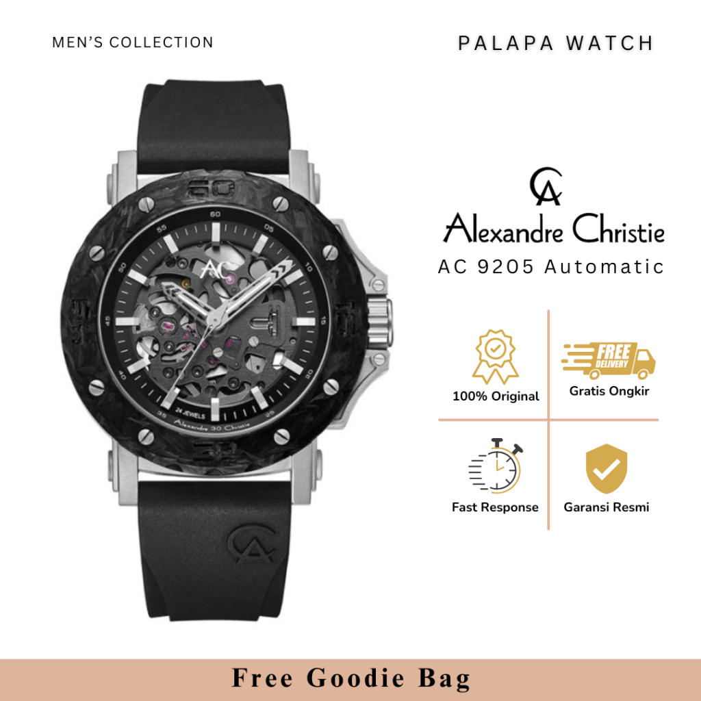 Jam Tangan Pria Alexandre Christie AC 9205 / AC9205 Rubber Automatic Carbon Original