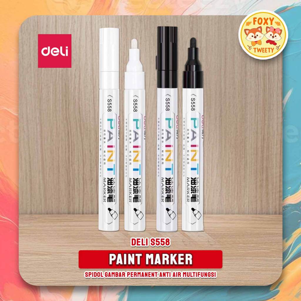 

(1 PCS) Permanent Paint Marker Deli / Spidol Gambar Permanen Anti Air Multifungsi S558 White Black