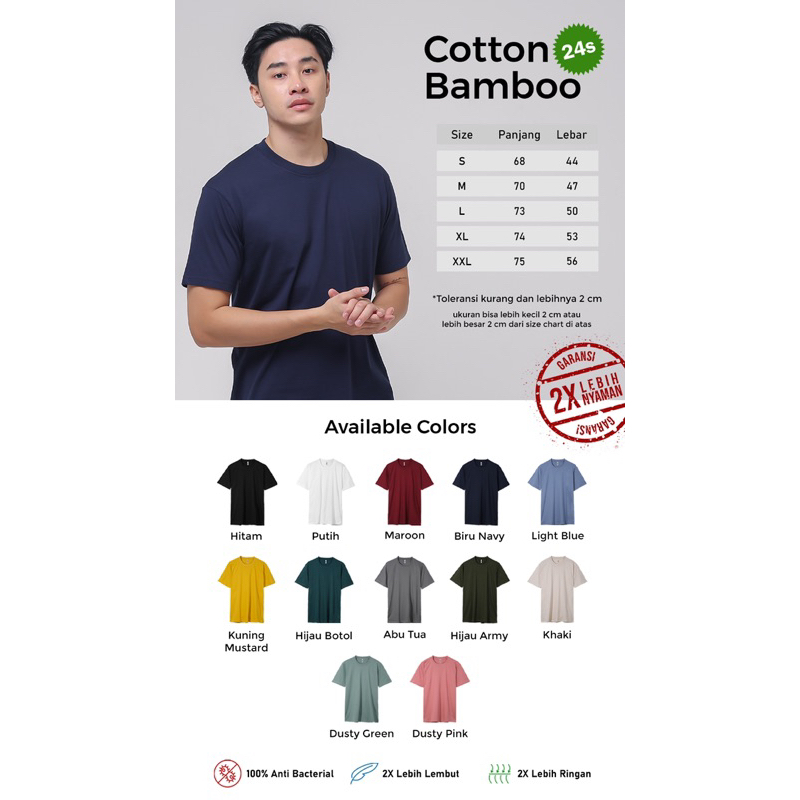 Kaos polos katun Bamboo 24s anti bakteri