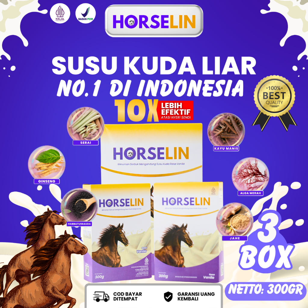 

PAKET 3 BOX SUSU HORSELIN - Susu Kuda Premium Bantu Atasi Asam Urat, Nyeri Sendi, Pegal Linu 300GR