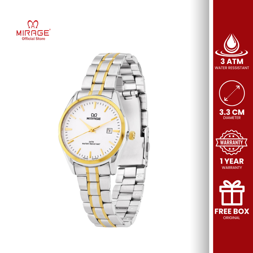 Mirage Jam Tangan Analog Wanita Warna Kombinasi SIlver Gold Mewah 8708 L Tanggal Aktif Anti Karat