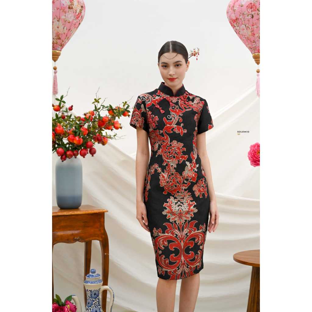 B21914 SOLEMIO DRESS CHEONGSAM SATIN JACQUARD GLITTER EMBOSSED NEW COLLECTION HIGH QUALITY