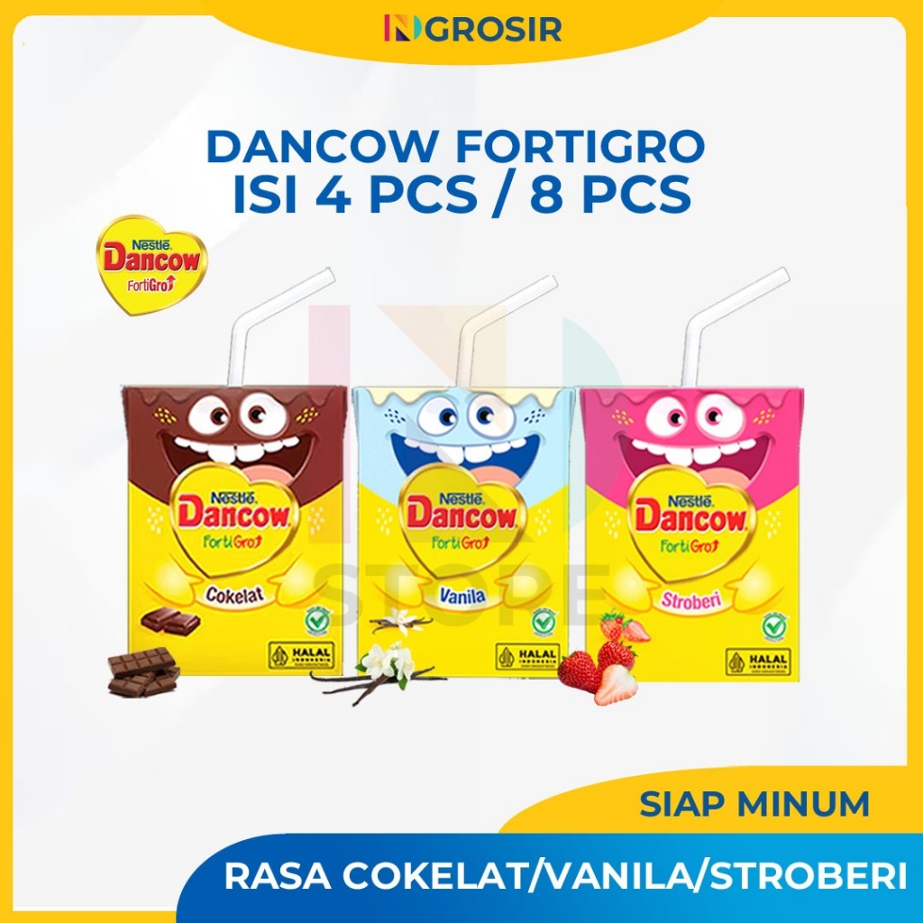 

DANCOW Fortigro Susu UHT Rasa Cokelat/Vanila/Stroberi Kemasan 110ml Paket 4Pcs Dan 8Pcs