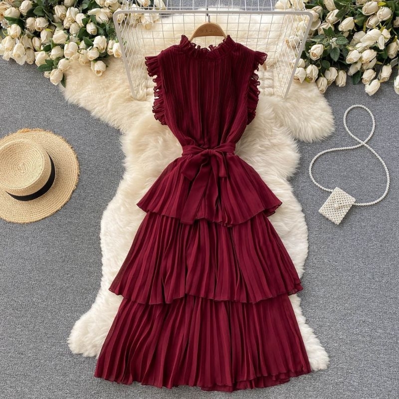 red maroon maxi dress ruffle christmas gaun merah wanita