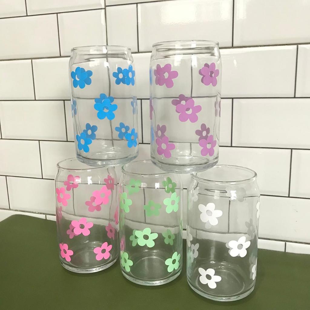 Gelas kaca aesthetic/ stiker gelas kopi DAISY FLOWER
