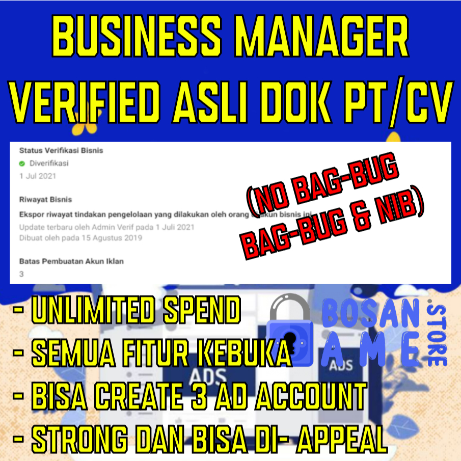 Akun BM (Business Manager) VERIF/Verified ISI 5 AKUN IKLAN SPEND UNLIMITED NOLIMIT TAK TERBATAS + 1 