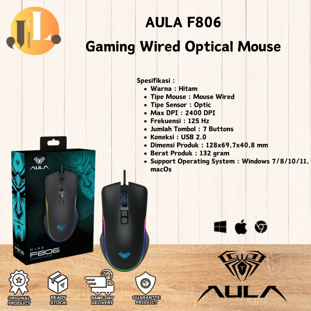 Mouse Optical Gaming Aula F806 2400DPI RGB Backlight Macro 7 Buttons