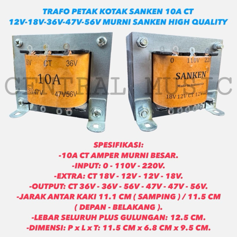 TRAFO PETAK KOTAK SANKEN 10A CT 12V-18V-36V-47V-56V MURNI SANKEN HIGH QUALITY