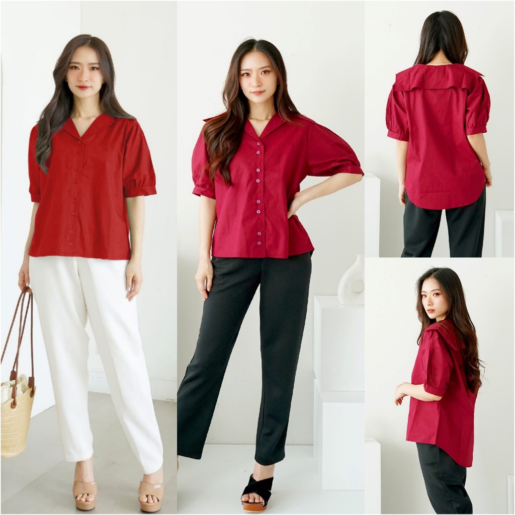 Blus Lengan Pendek Polos Merah Maroon Atasan Wanita Kancing Depan Remaja Modern Big Size S M L to XL