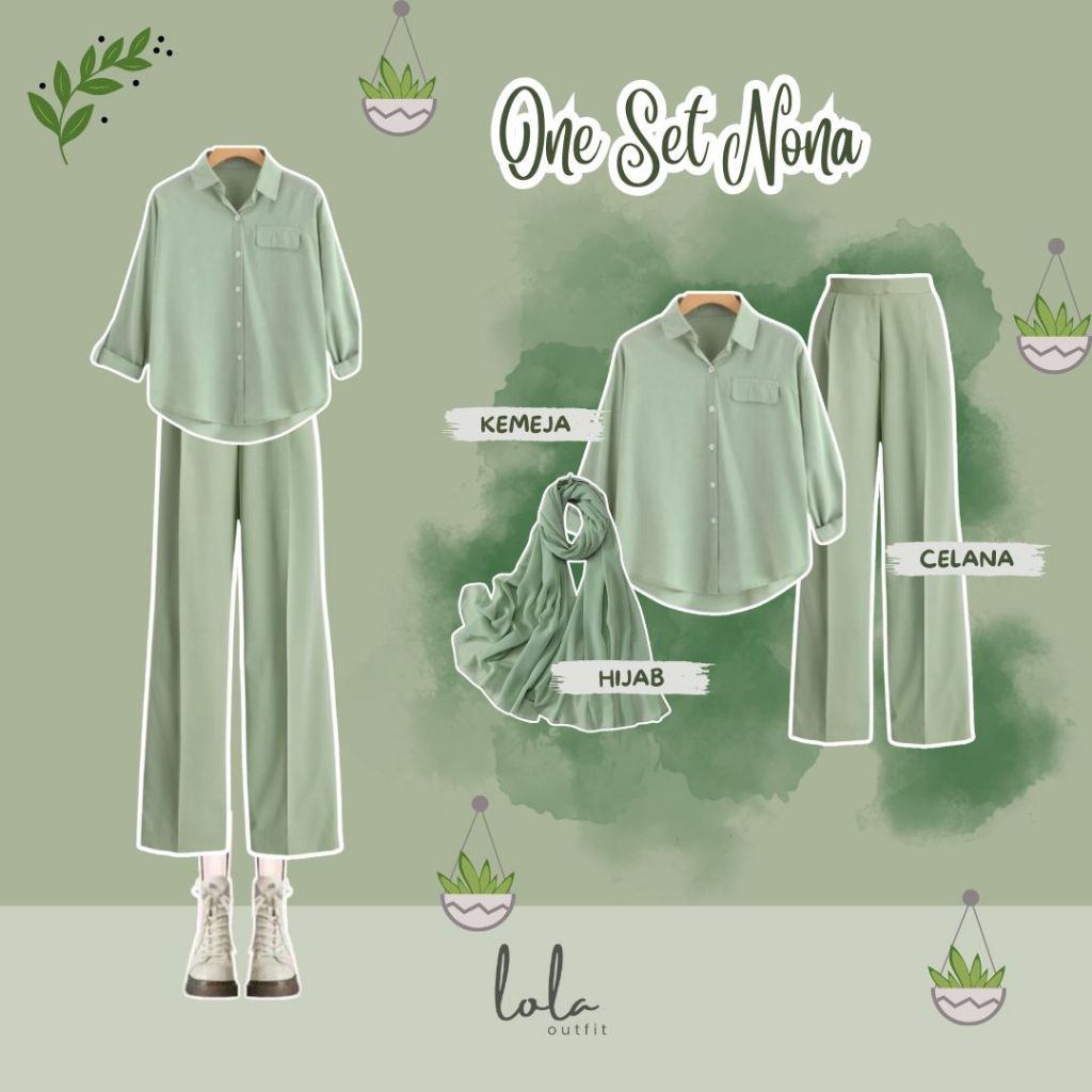 One Set Nona (Hijab, Kemeja, Celana) Setelan 3 in 1 Wanita Korea Style ✿ Kemeja Oversize Blouse Sage